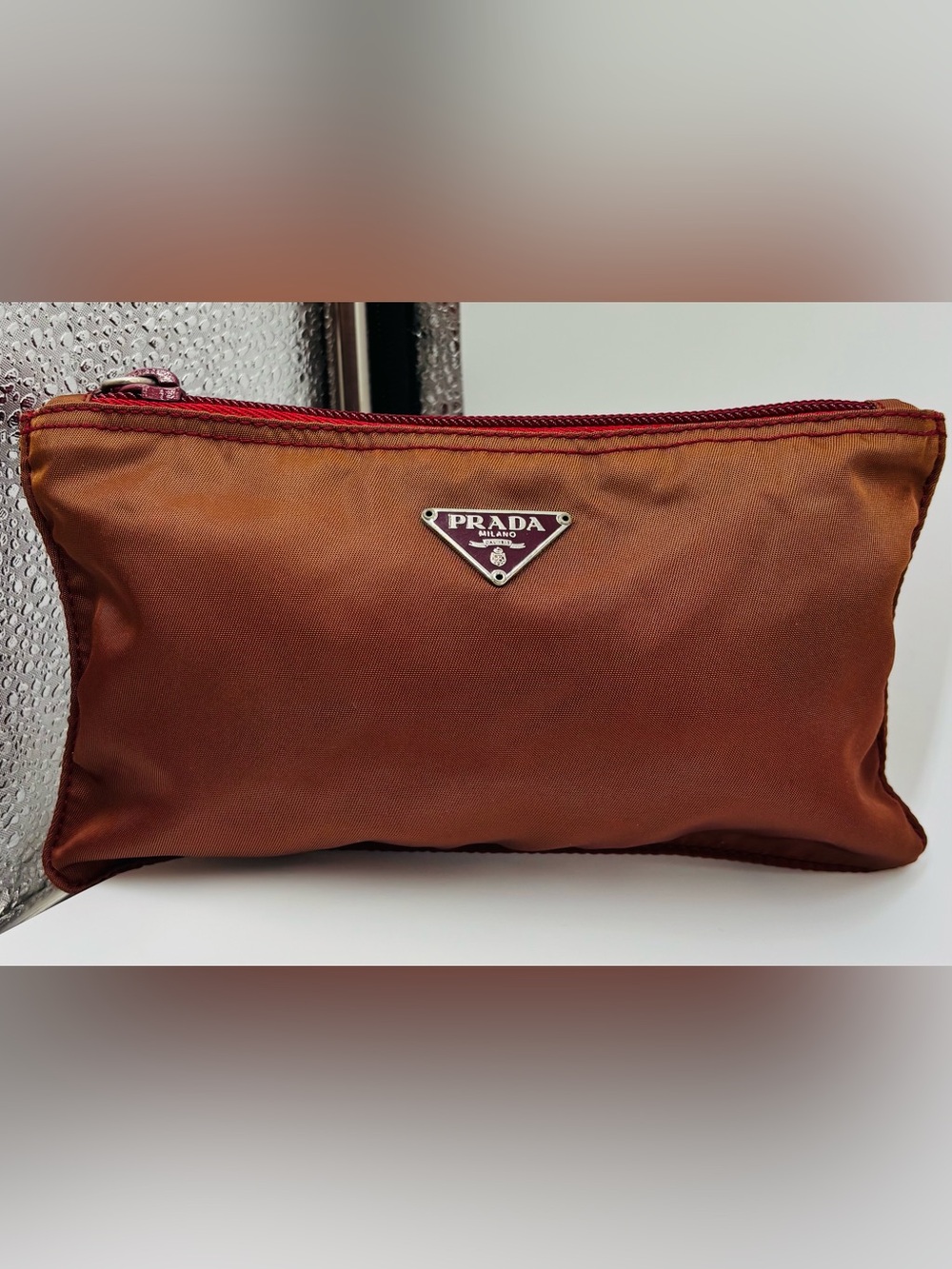 Prada Women’s Nylon Makeup Pouch in Burnt Orange